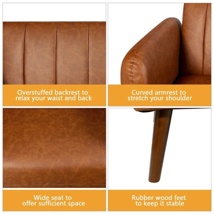 Convertible Futon Sofa Bed PU Leather Adjustable Couch Sleeper with Wood Legs - 81 x 33.5 x 31.5 (L x W x H)
