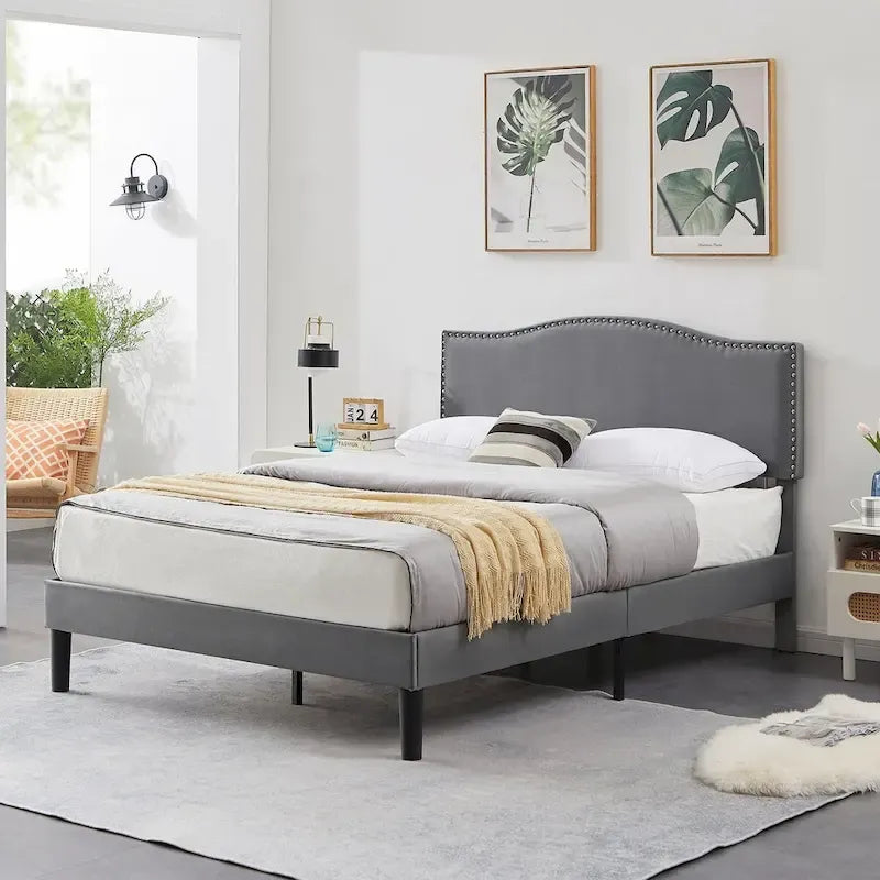 VECELO, Upholstered Platform Bed Frame with Nailhead Headboard Twin Full Queen Size Bed-Grey