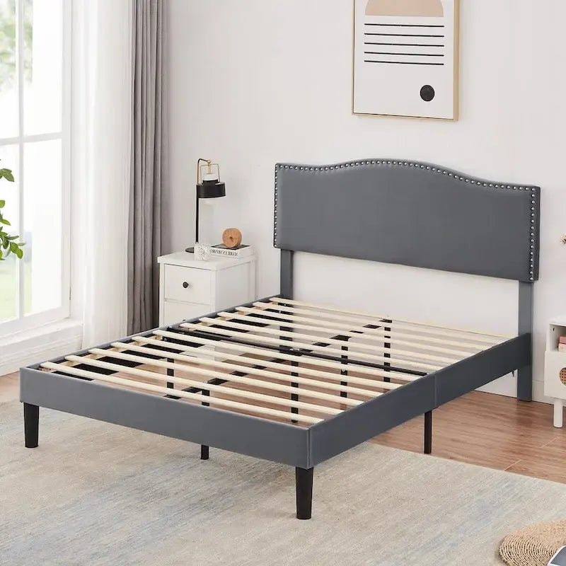 VECELO, Upholstered Platform Bed Frame with Nailhead Headboard Twin Full Queen Size Bed-Grey