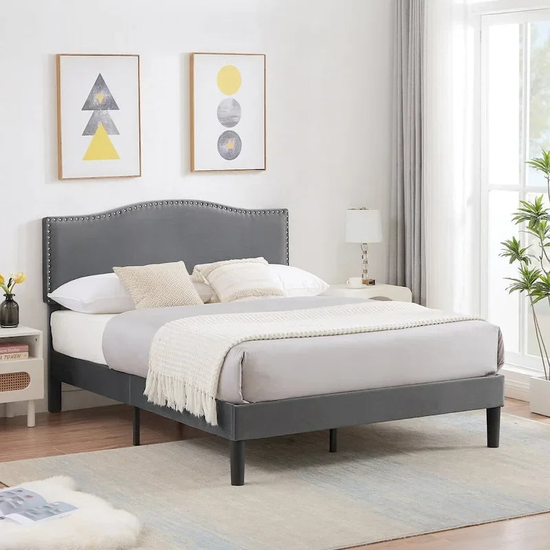 VECELO, Upholstered Platform Bed Frame with Nailhead Headboard Twin Full Queen Size Bed-Grey