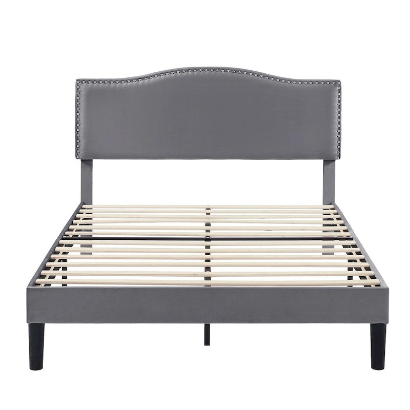 VECELO, Upholstered Platform Bed Frame with Nailhead Headboard Twin Full Queen Size Bed-Grey