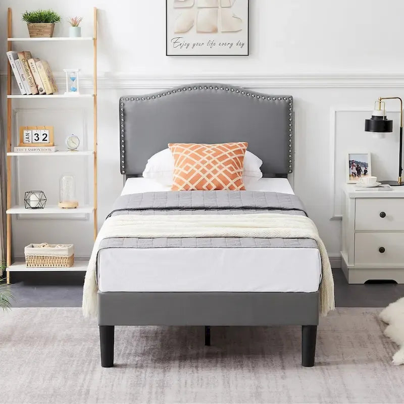 VECELO, Upholstered Platform Bed Frame with Nailhead Headboard Twin Full Queen Size Bed-Grey