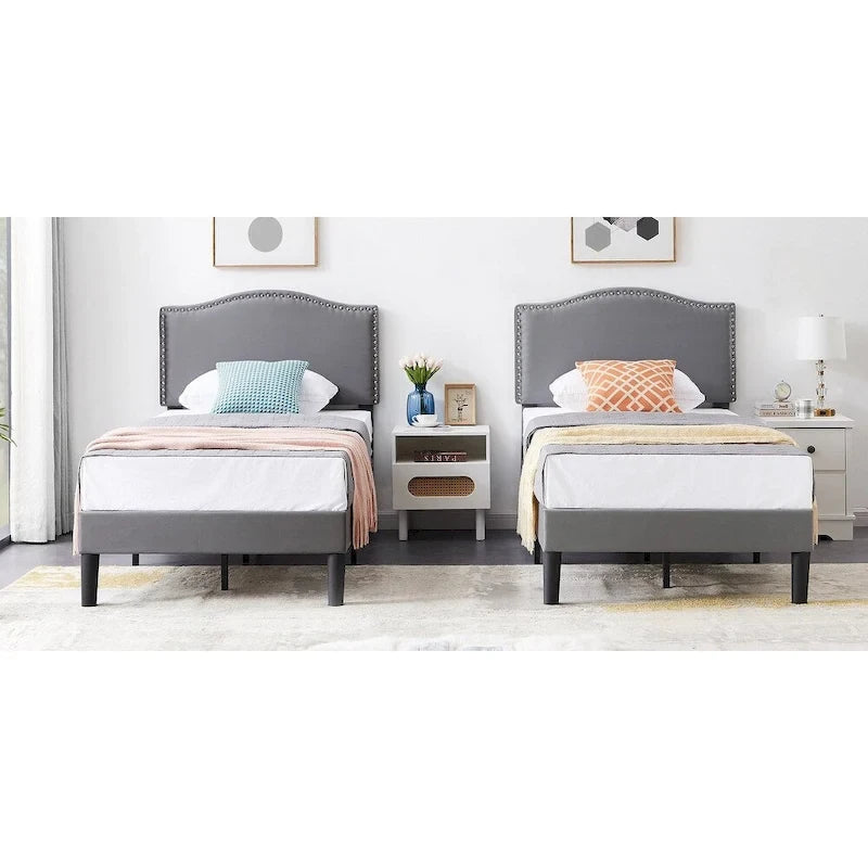 VECELO, Upholstered Platform Bed Frame with Nailhead Headboard Twin Full Queen Size Bed-Grey