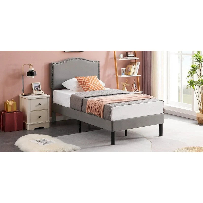VECELO, Upholstered Platform Bed Frame with Nailhead Headboard Twin Full Queen Size Bed-Grey