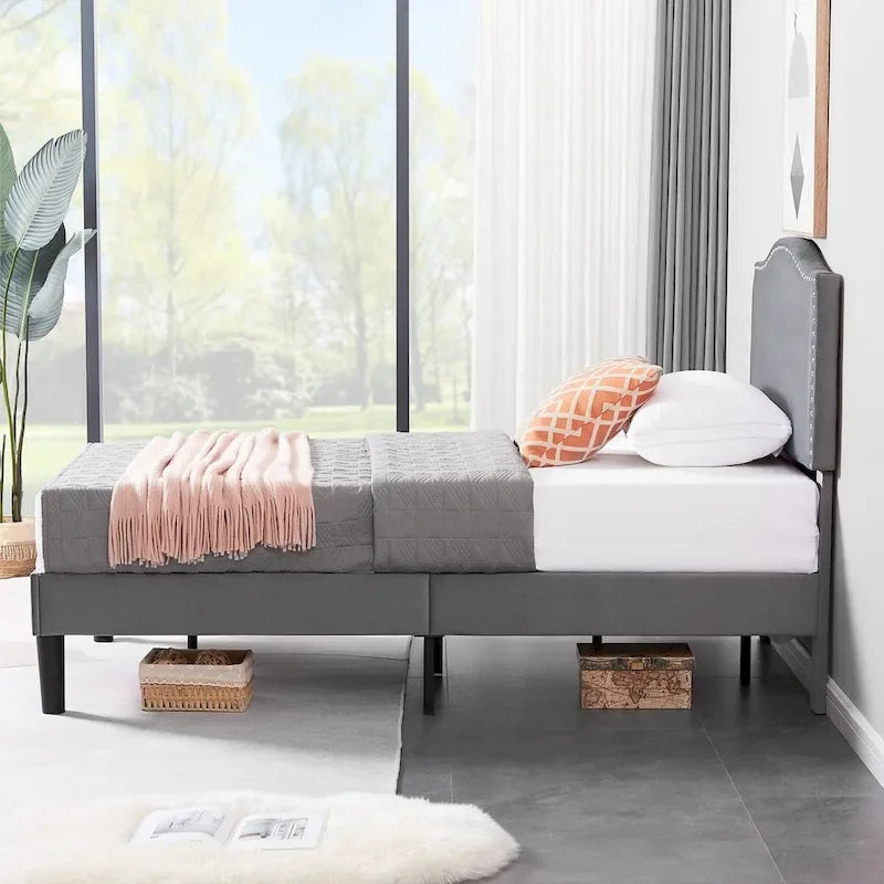 VECELO, Upholstered Platform Bed Frame with Nailhead Headboard Twin Full Queen Size Bed-Grey