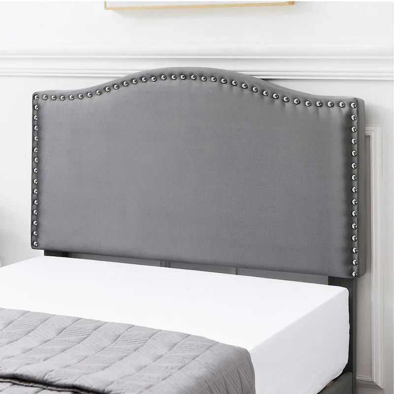 VECELO, Upholstered Platform Bed Frame with Nailhead Headboard Twin Full Queen Size Bed-Grey