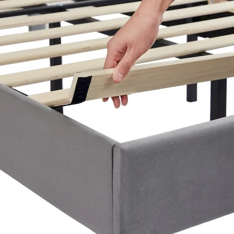 VECELO, Upholstered Platform Bed Frame with Nailhead Headboard Twin Full Queen Size Bed-Grey