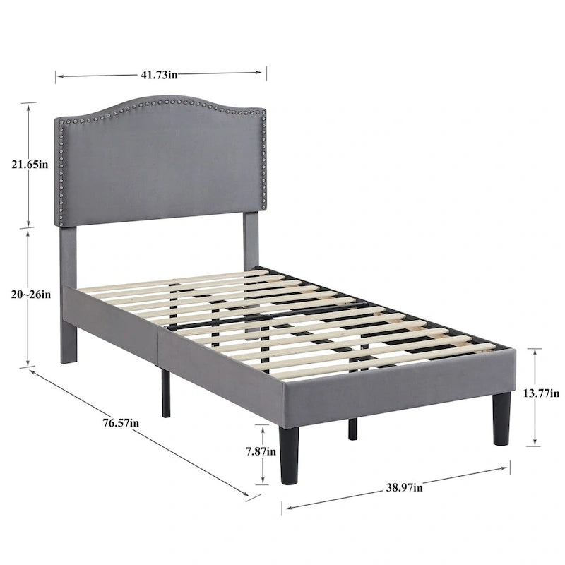 VECELO, Upholstered Platform Bed Frame with Nailhead Headboard Twin Full Queen Size Bed-Grey