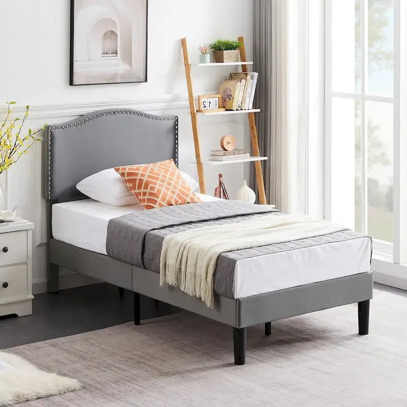VECELO, Upholstered Platform Bed Frame with Nailhead Headboard Twin Full Queen Size Bed-Grey