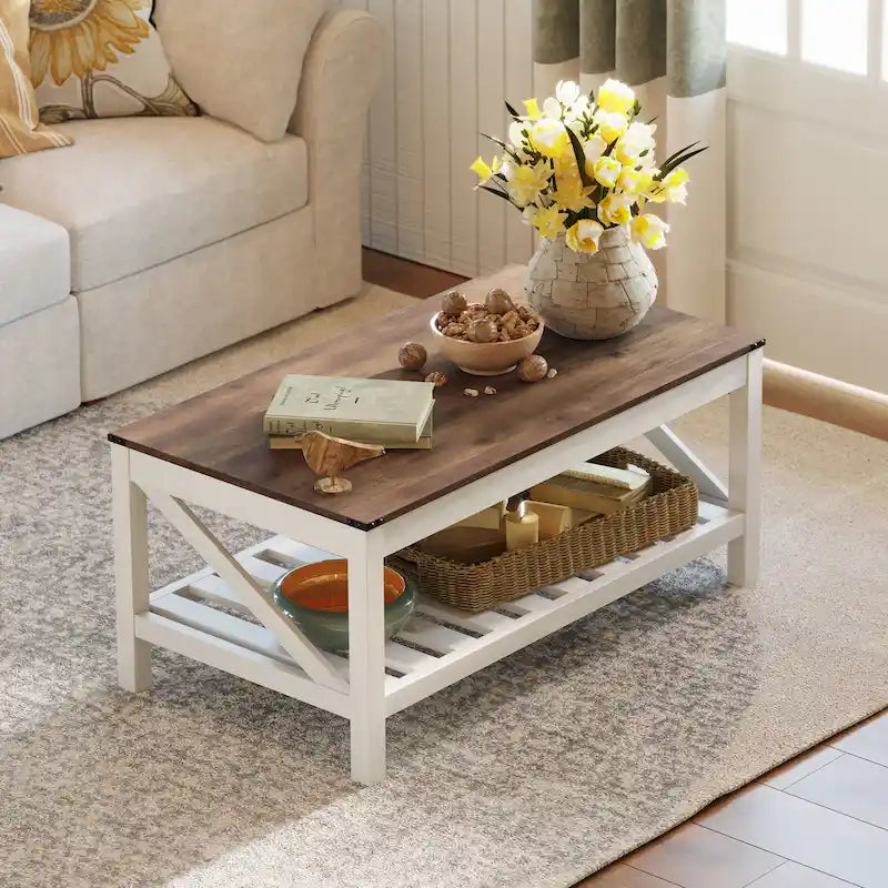 Pellebant 2-Tier Coffee Table Center Table Tea Table with Storage Shelf