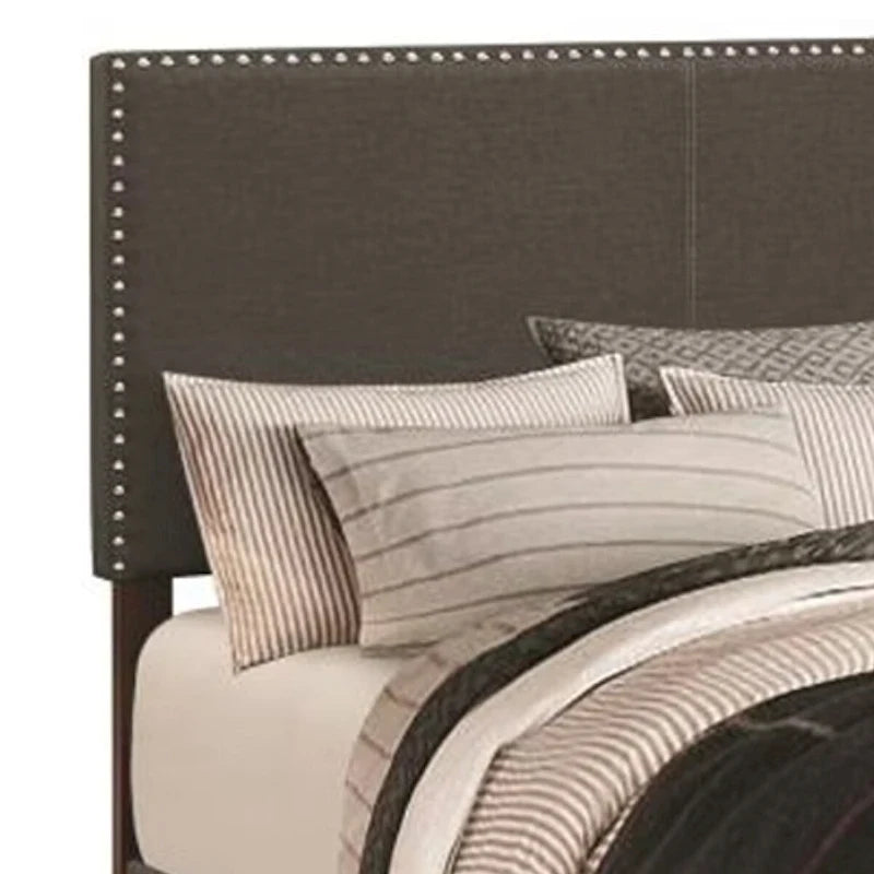 Fabric Upholstered Queen Size Platform Bed with Nail Head Trim, Charcoal Gray