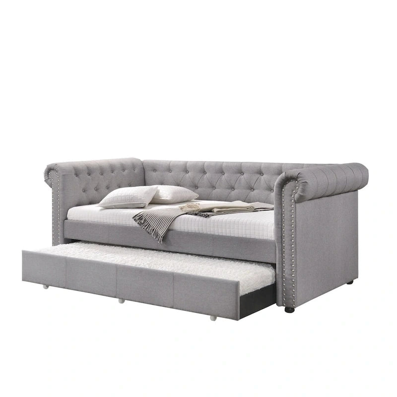 Chesterfield Twin Size Daybed with Attached Trundle and Nailhead Trims,Gray