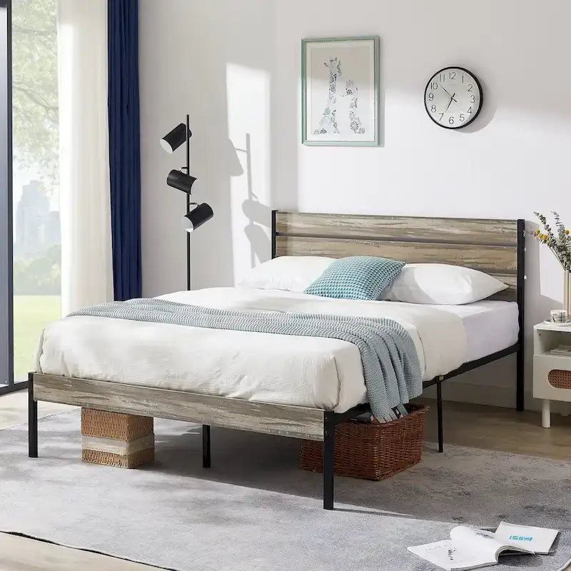 Javlergo Platform Bed Frame with Wood Headboard, Strong Metal Slats Support, No Box Spring Needed