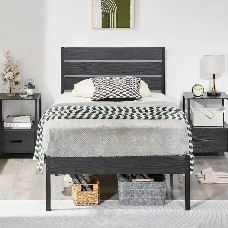 Javlergo Platform Bed Frame with Wood Headboard, Strong Metal Slats Support, No Box Spring Needed