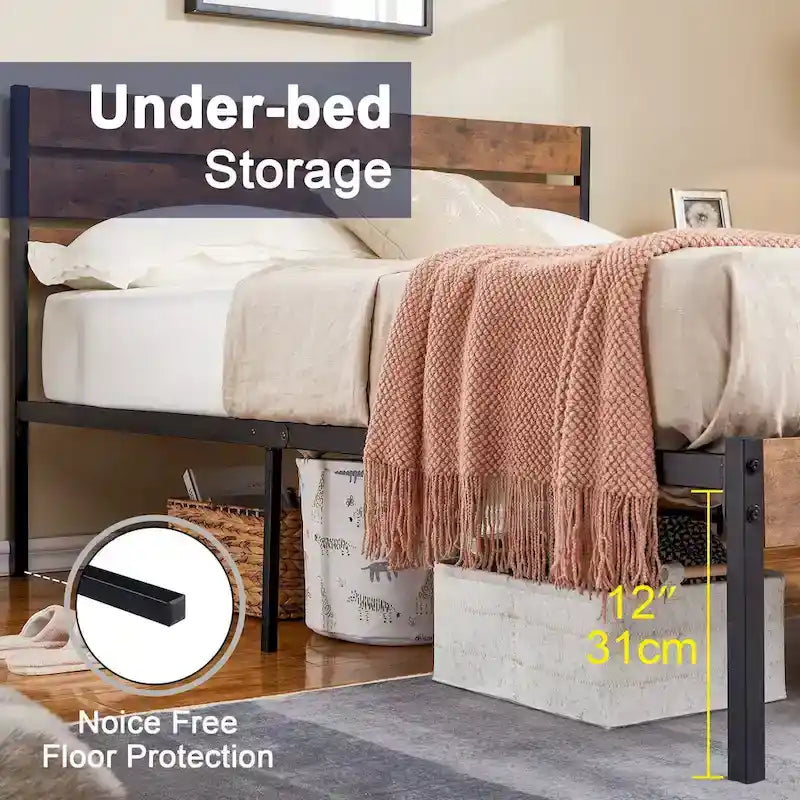 Javlergo Platform Bed Frame with Wood Headboard, Strong Metal Slats Support, No Box Spring Needed