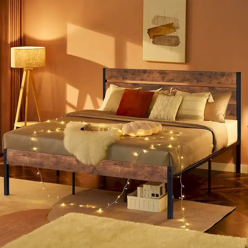 Javlergo Platform Bed Frame with Wood Headboard, Strong Metal Slats Support, No Box Spring Needed