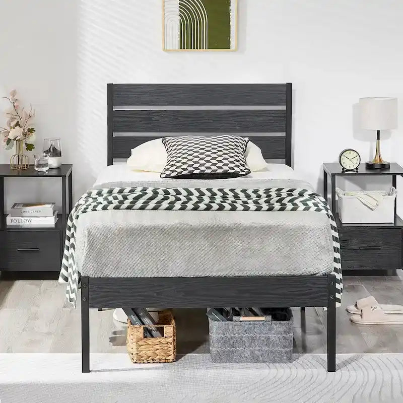 Javlergo Platform Bed Frame with Wood Headboard, Strong Metal Slats Support, No Box Spring Needed
