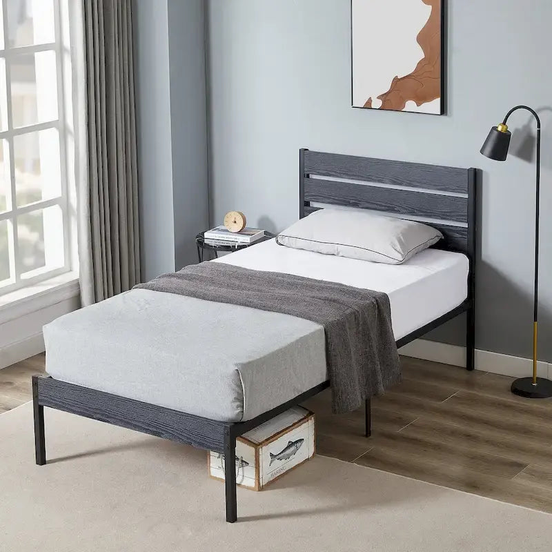 Javlergo Platform Bed Frame with Wood Headboard, Strong Metal Slats Support, No Box Spring Needed