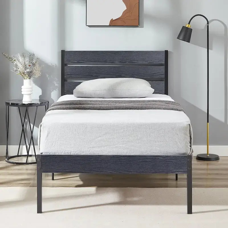 Javlergo Platform Bed Frame with Wood Headboard, Strong Metal Slats Support, No Box Spring Needed