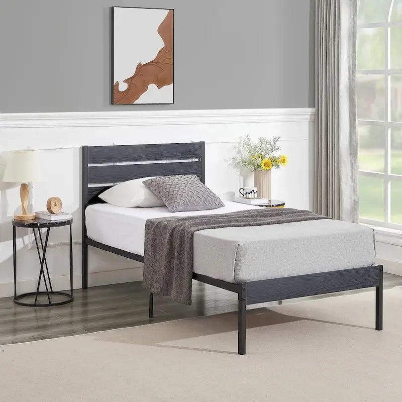 Javlergo Platform Bed Frame with Wood Headboard, Strong Metal Slats Support, No Box Spring Needed