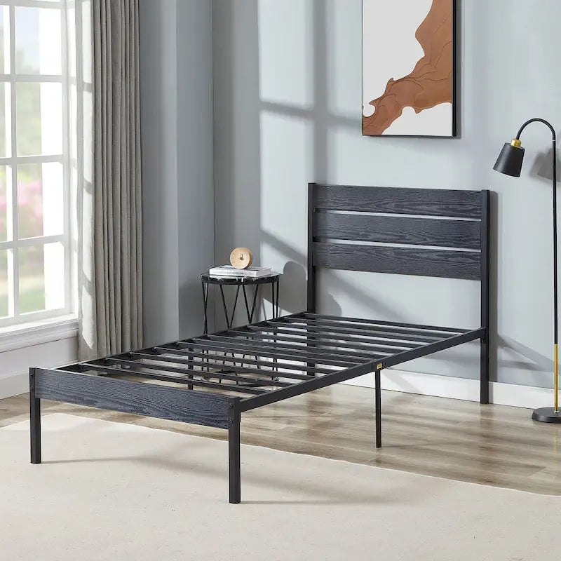 Javlergo Platform Bed Frame with Wood Headboard, Strong Metal Slats Support, No Box Spring Needed