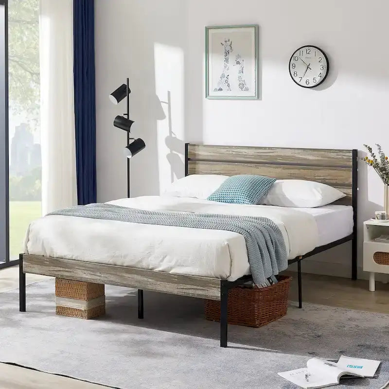 Javlergo Platform Bed Frame with Wood Headboard, Strong Metal Slats Support, No Box Spring Needed
