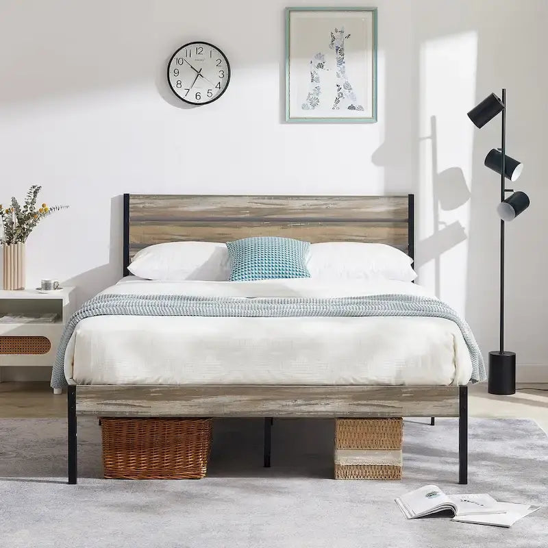 Javlergo Platform Bed Frame with Wood Headboard, Strong Metal Slats Support, No Box Spring Needed