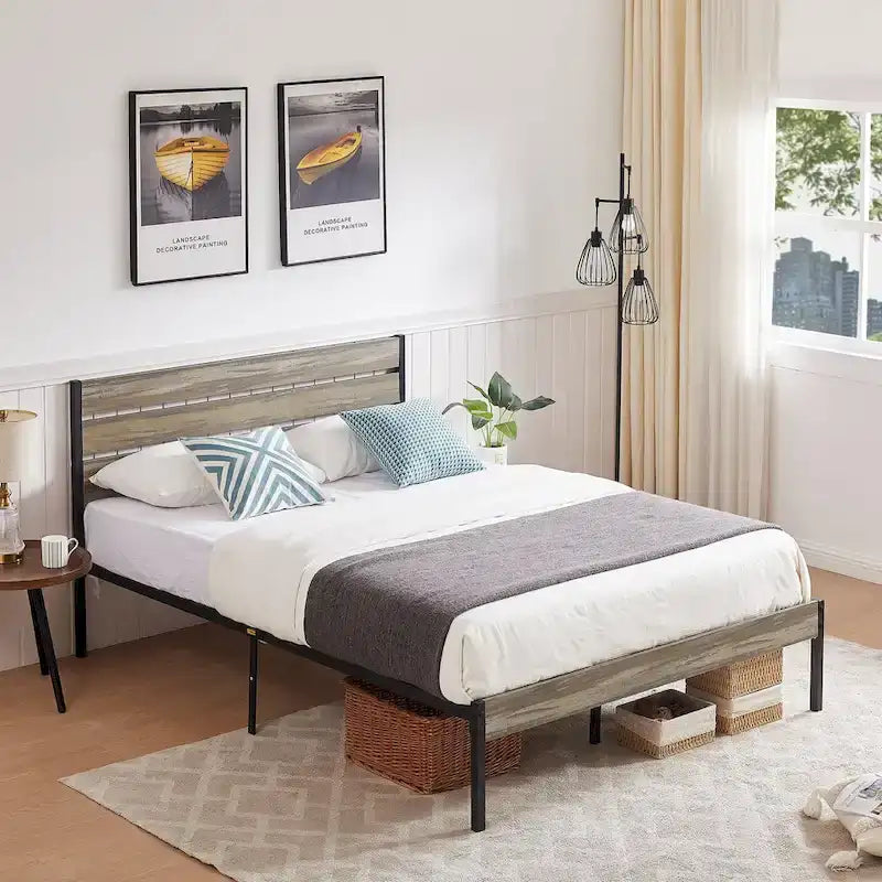 Javlergo Platform Bed Frame with Wood Headboard, Strong Metal Slats Support, No Box Spring Needed