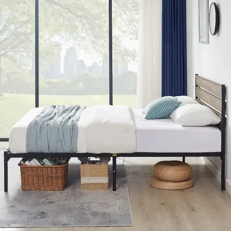 Javlergo Platform Bed Frame with Wood Headboard, Strong Metal Slats Support, No Box Spring Needed