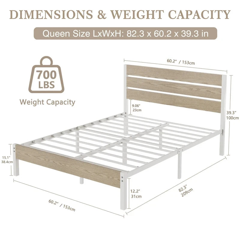 Javlergo Platform Bed Frame with Wood Headboard, Strong Metal Slats Support, No Box Spring Needed