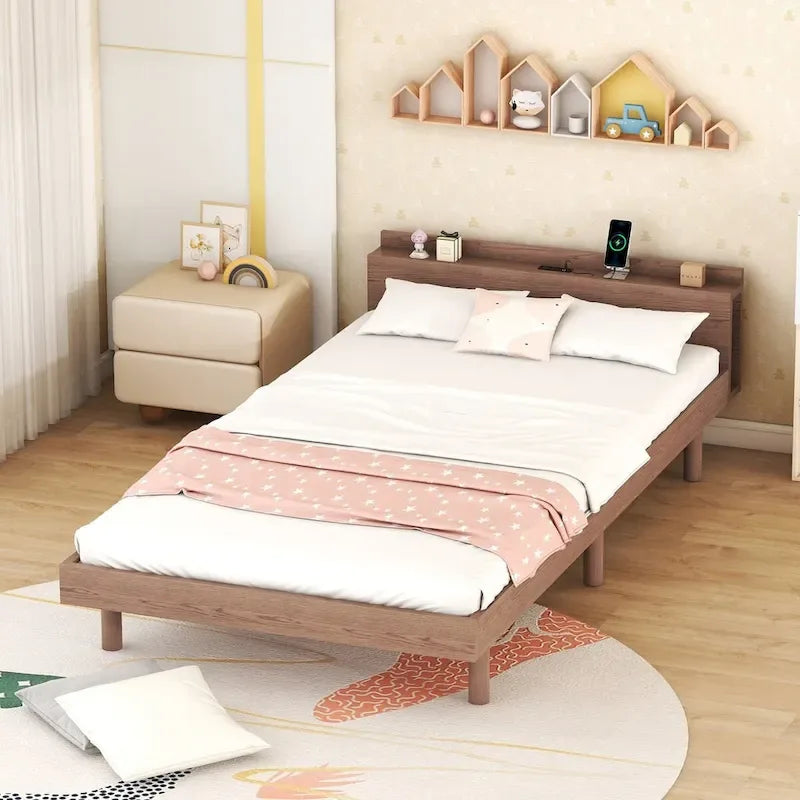 Modern Design Twin Size Platform Bed Frame with Built-in USB Ports