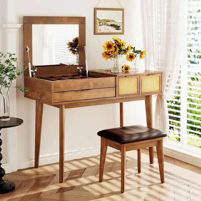 43.3  Classic Wood Makeup Vanity Set with Flip-top Mirror and Stool, Dressing Table with Three Drawers and storage space