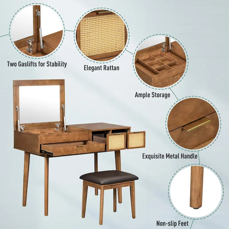 43.3  Classic Wood Makeup Vanity Set with Flip-top Mirror and Stool, Dressing Table with Three Drawers and storage space