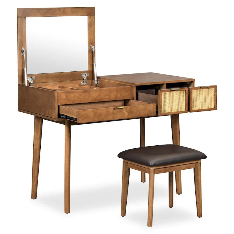 43.3  Classic Wood Makeup Vanity Set with Flip-top Mirror and Stool, Dressing Table with Three Drawers and storage space
