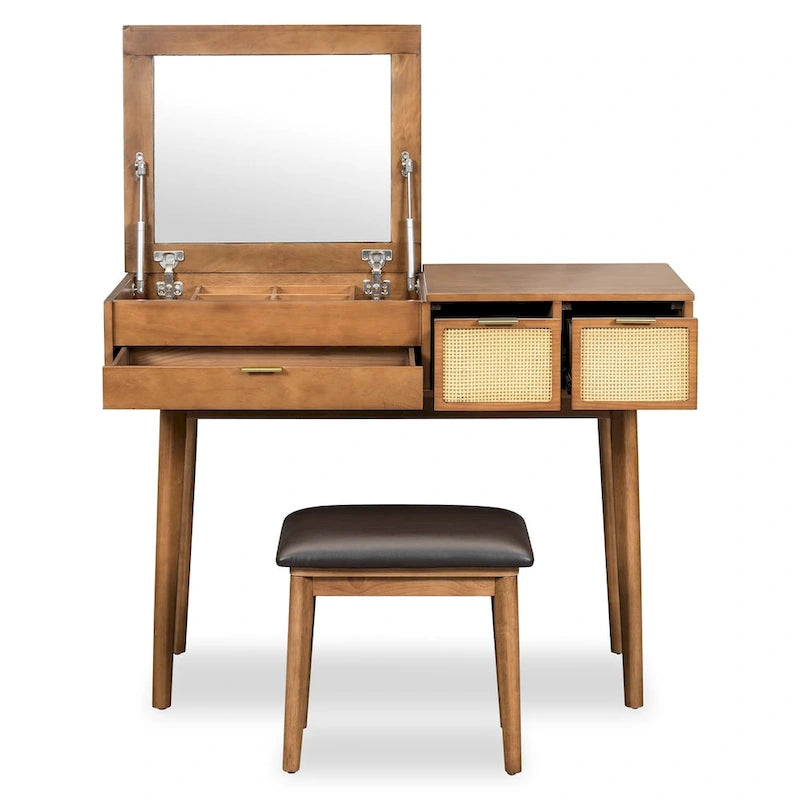 43.3  Classic Wood Makeup Vanity Set with Flip-top Mirror and Stool, Dressing Table with Three Drawers and storage space