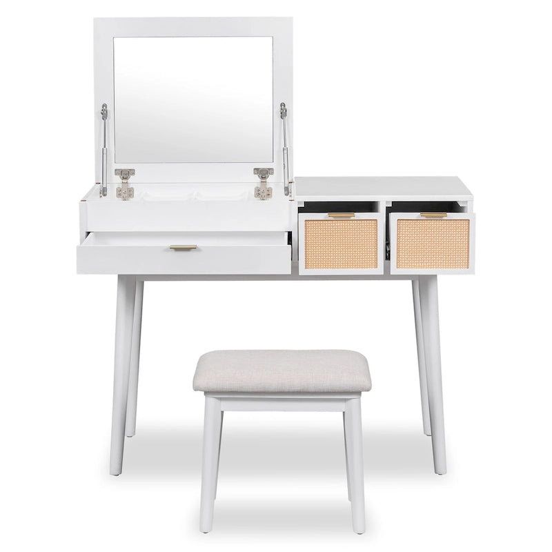 43.3  Classic Wood Makeup Vanity Set with Flip-top Mirror and Stool, Dressing Table with Three Drawers and storage space
