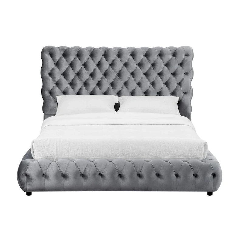 James King Size Bed, Platform Style, Button Tufted Gray Velvet Upholstery