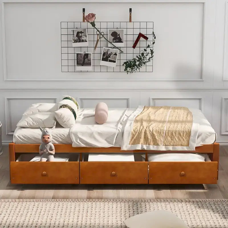 Oak Eco-Friendly Solid Pine Wood Twin Size Platform Storage Bed, 3 Drawers