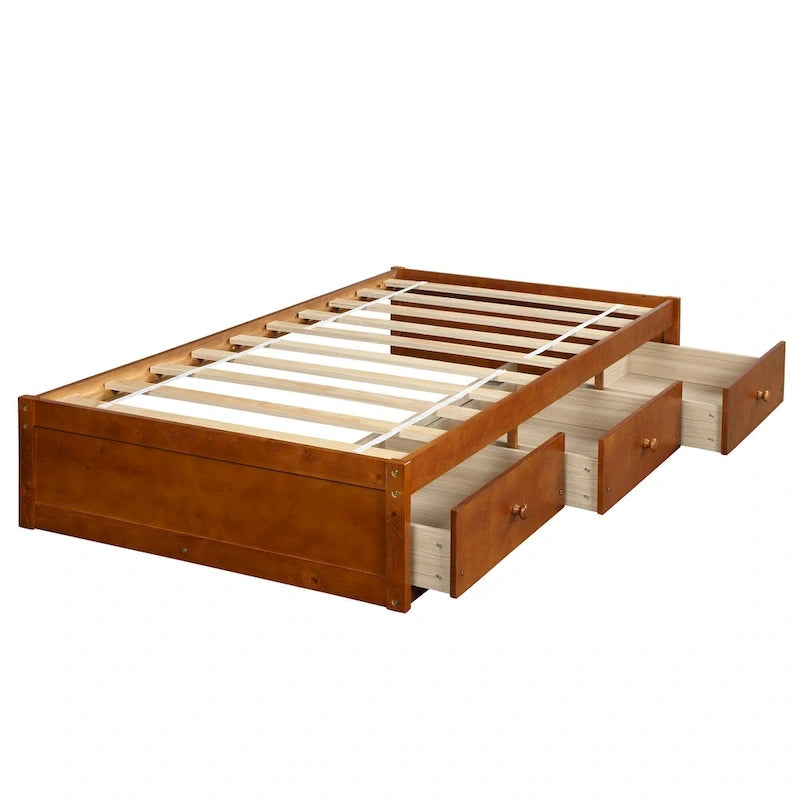 Oak Eco-Friendly Solid Pine Wood Twin Size Platform Storage Bed, 3 Drawers