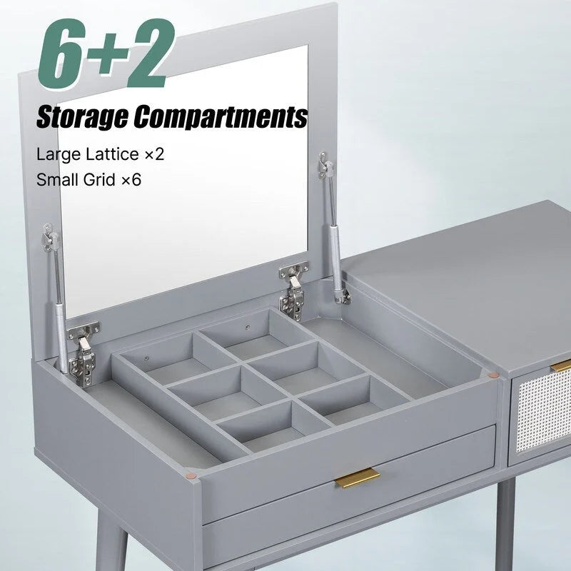 Grondin Modern Style Vanity Set with Flip Top Mirror, Cushioned Stool and Drawers, 2-in-1 Makeup table Set for Bedroom