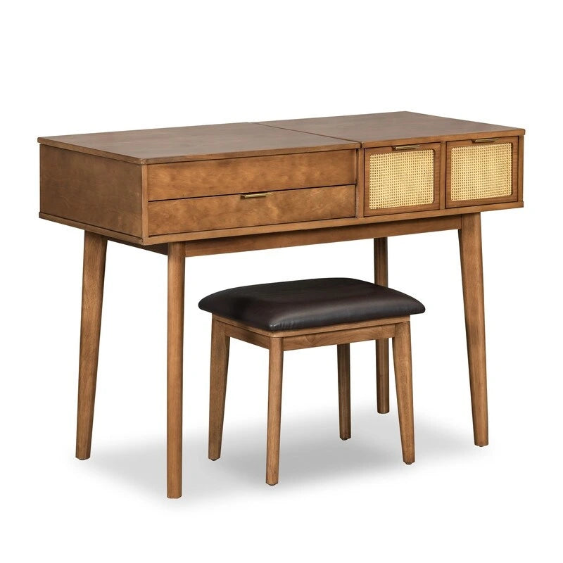 Grondin Modern Style Vanity Set with Flip Top Mirror, Cushioned Stool and Drawers, 2-in-1 Makeup table Set for Bedroom