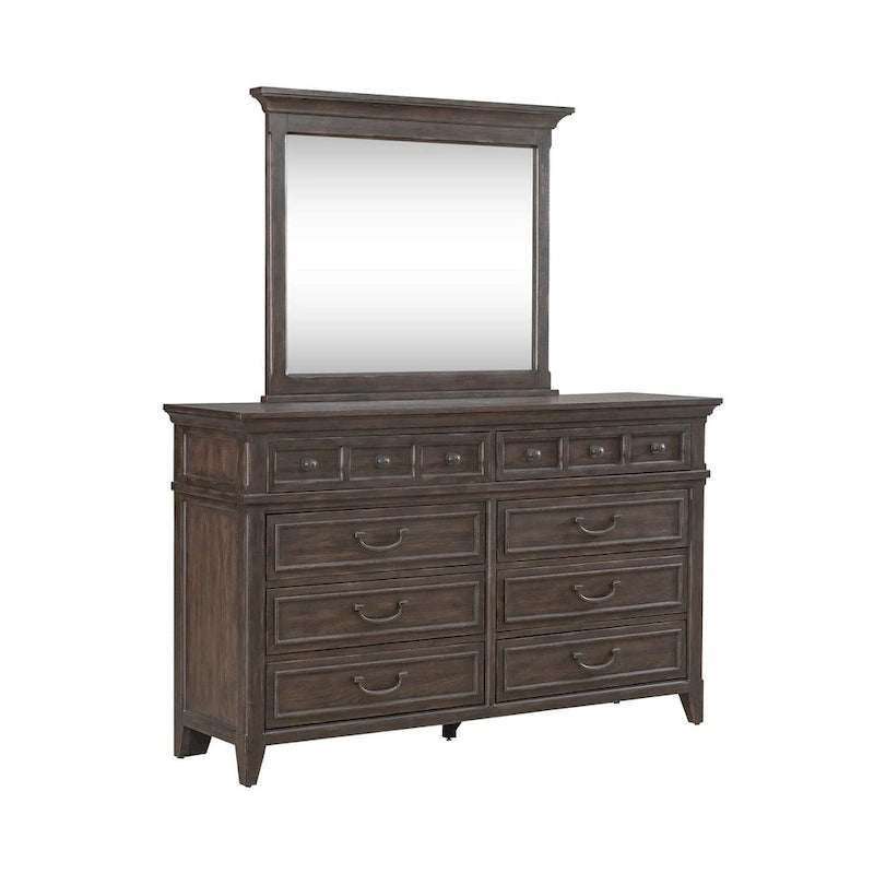 Paradise Valley Saddle Brown Panel Bed, Dresser and Mirror, & Nightstand