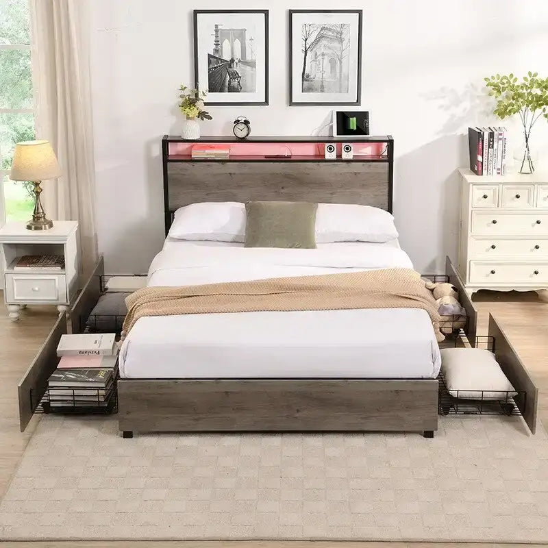 Full Size Platform Bed Frame, Storage Headboard with Charging Station and 4 Storage Drawers