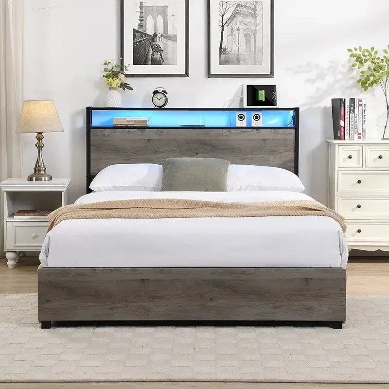 Full Size Platform Bed Frame, Storage Headboard with Charging Station and 4 Storage Drawers