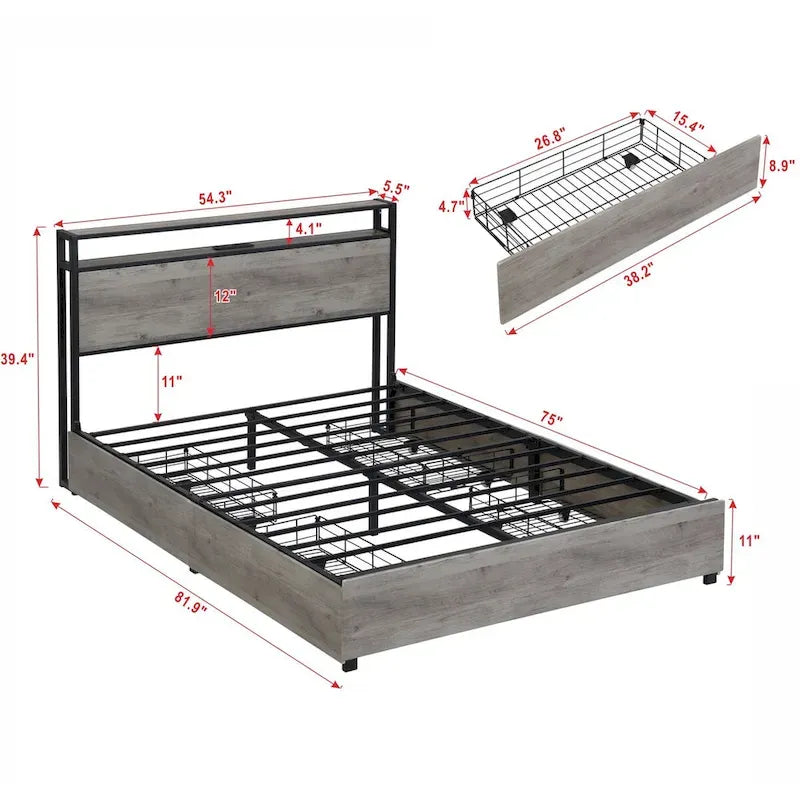 Full Size Platform Bed Frame, Storage Headboard with Charging Station and 4 Storage Drawers