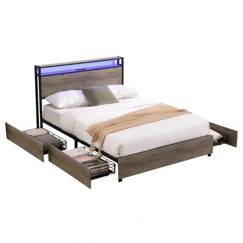 Full Size Platform Bed Frame, Storage Headboard with Charging Station and 4 Storage Drawers