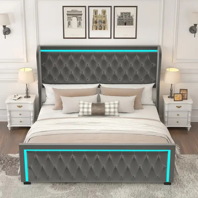 Queen Platform Bed Frame with High Headboard, Velvet Upholstered Bed with Adjustable Colorful LED Light Decorative Headboard