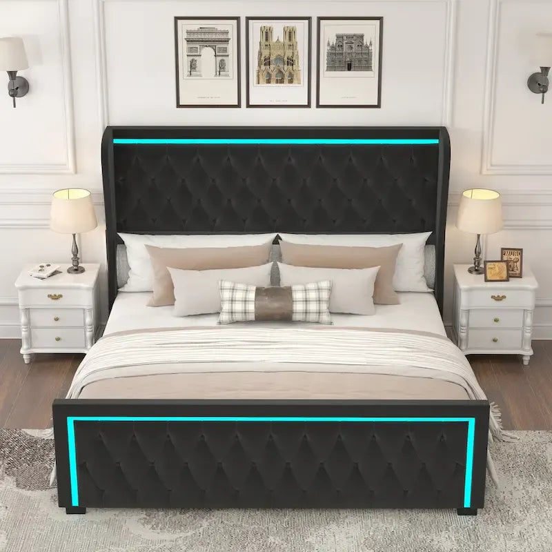 Queen Platform Bed Frame with High Headboard, Velvet Upholstered Bed with Adjustable Colorful LED Light Decorative Headboard