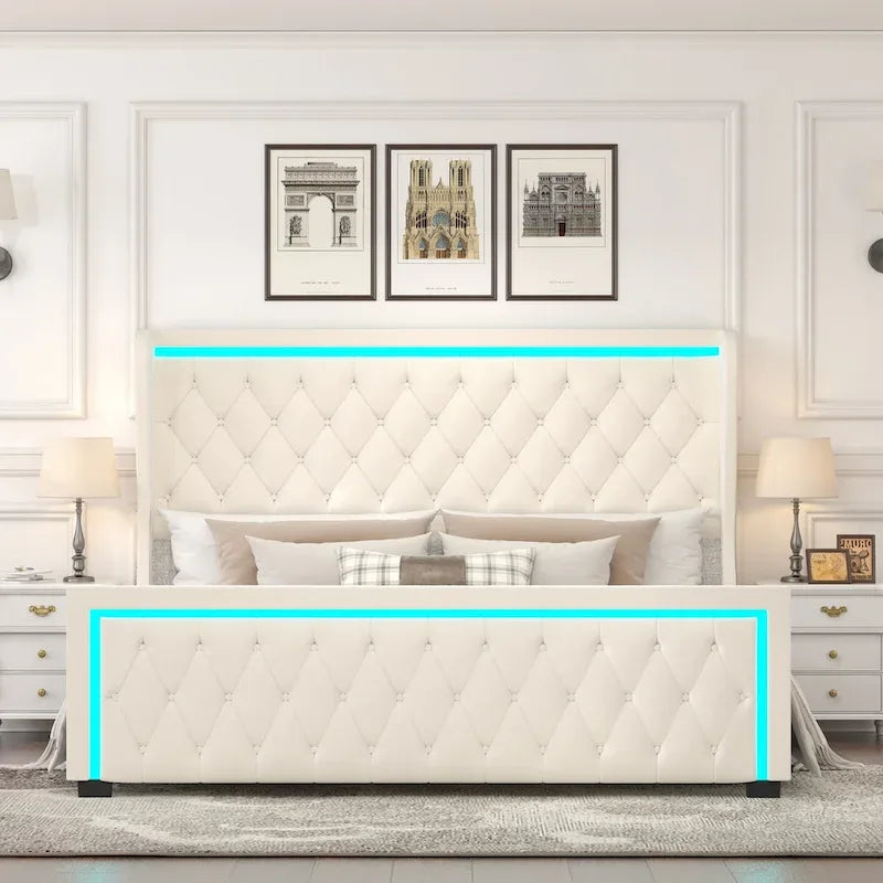 Queen Platform Bed Frame with High Headboard, Velvet Upholstered Bed with Adjustable Colorful LED Light Decorative Headboard