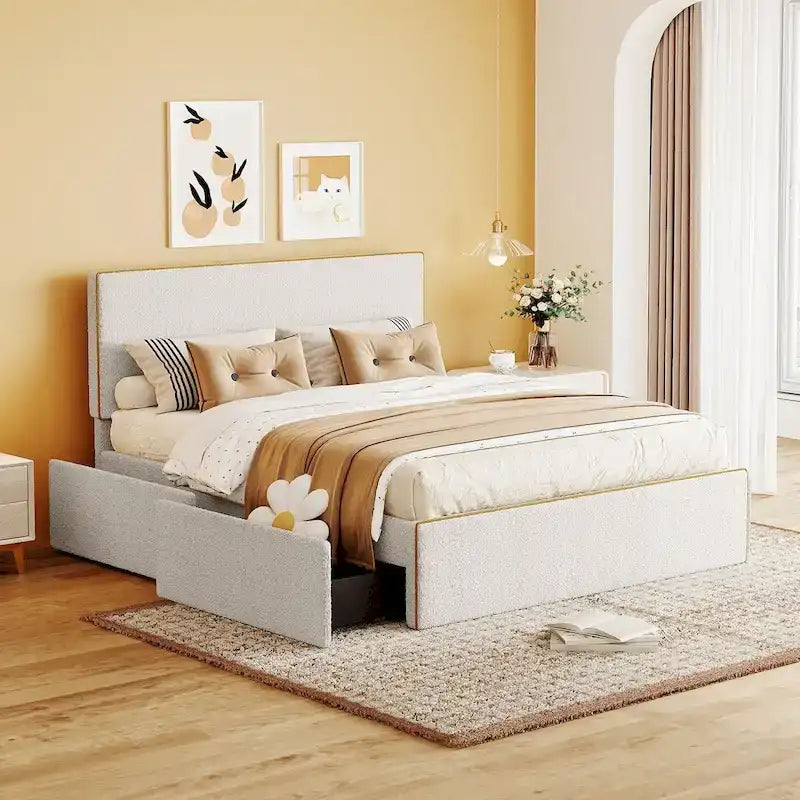 Full Size Fleece Upholstered Platform Bed with 4 Drawers and Golden Edge on the Headboard & Footboard